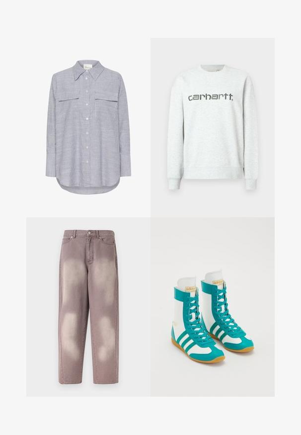 Svetlo šedý mikina so širokým výstrihom, ribovanými rukávmi a lemom. Na prednej strane sa nachádza potlač s logom "carhartt." v tmavo šedej farbe.; Prúhovaná košeľa na gombíky v modrej a bielej farbe. Obsahuje klasický golier, dve náprsné vrecká a dlhé rukávy s gombíkovými manžetami.; Fialové vyblednuté rifle z denimu s vysokým pásom, zapínaním na gombíky a dvoma prednými vreckami, zobrazené na jednoduchom pozadí.; Vysoké športové tenisky s tyrkysovým syntetickým materiálom, bielymi panelmi, tromi tyrkysovými pruhmi a gumovou podrážkou s textúrovaným úchopom.
