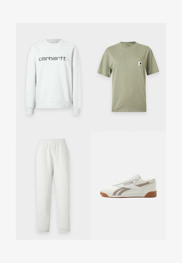 Sudadera gris claro con cuello redondo, puños y dobladillo de canalé. Presenta el logo "carhartt." impreso en gris oscuro en la parte delantera.; Camiseta de manga corta de color verde oliva con cuello redondo y bolsillo en el pecho con un pequeño parche con el logo de Carhartt.; Pantalones de chándal gris claro con una cinturilla elástica, piernas cónicas y puños acanalados. Fabricados con un tejido suave y texturizado. Detalle del logo blanco en el lateral.; Zapatilla blanca de corte bajo con detalles en rayas gris claro, suela de goma y logo de Reebok con bandera del Reino Unido en el lateral, mostrada sobre un fondo liso.