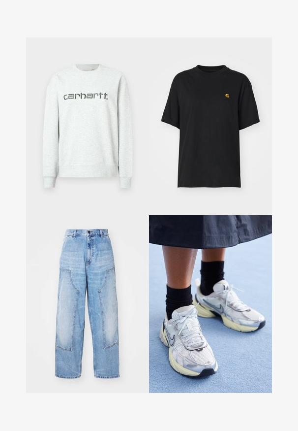 Lys grå sweatshirt med rund halsudskæring, ribbede manchetter og kant. Har "carhartt." logoet trykt i mørkegrå over fronten.; Sort bomulds T-shirt med en afslappet pasform. Har en rund halsudskæring og korte ærmer. Inkluderer et lille guld broderet logo på brystet.; Lysblå denim bredbenede bukser med to store forlommer, en knaplukning og subtil falming. Syninger på lommedetaljerne.; Hvide og sølv Nike sneakers med mesh-stof, reflekterende detaljer og en beige sål. Bæres med sorte sokker og står på en blå overflade.