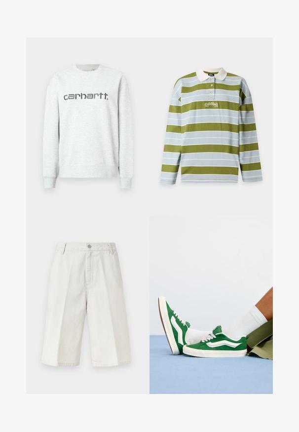 Sweatshirt gris clair avec un col rond, des poignets et un ourlet côtelés. Présente le logo "carhartt." imprimé en gris foncé sur le devant.; T-shirt de rugby à manches longues avec larges rayures horizontales vertes et bleu clair, col blanc, trois boutons et petit logo brodé sur la poitrine.; Shorts beige clair jusqu'au genou avec fines rayures verticales subtiles, passants pour ceinture, bouton devant et fermeture éclair.; Baskets en daim vert avec des accents blancs, lacets texturés avec des détails roses et une semelle en caoutchouc beige, portées avec des chaussettes blanches et un short vert.