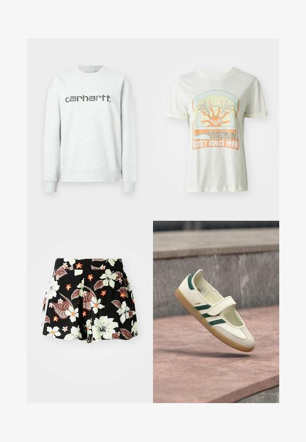 Hellgraues Sweatshirt mit Rundhalsausschnitt, gerippten Bündchen und Saum. Mit dem "carhartt."-Logo in Dunkelgrau auf der Vorderseite bedruckt.; Cremefarbene Baumwoll-T-Shirt mit einem retro Grafikdesign mit Palmen, Sonne und "ROXY SINCE 1990" in orangefarbenen und teal Akzenten. Kurze Ärmel.; Schwarze Blumenshorts mit großen hellgrünen und orangefarbenen Blumen sowie dunklen Blättern, plissierter Design und Taschen an den Seiten.; Weißer Lederschuh mit grünen Streifen, runde Spitze, durch einen Riemen gesichert. Gummisohle, minimalistisches Design, erhöhter Steppstich entlang der oberen Kanten.