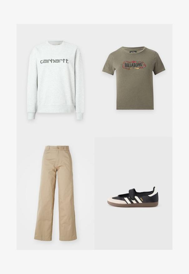 Sudadera gris claro con cuello redondo, puños y dobladillo de canalé. Presenta el logo "carhartt." impreso en gris oscuro en la parte delantera.; Camiseta de manga corta verde oliva con un marco colorido y con estampado en forma de serpiente alrededor de la palabra "Billabong" en el pecho.; Pantalones de pierna ancha beige hechos de algodón, con cierre de botón y lazadas para cinturón, con una textura suave y un acabado limpio.; Zapatilla negra y beige con una correa de velcro, tres rayas blancas en el lateral y una suela de goma marrón texturizada. Logotipo de la marca visible.