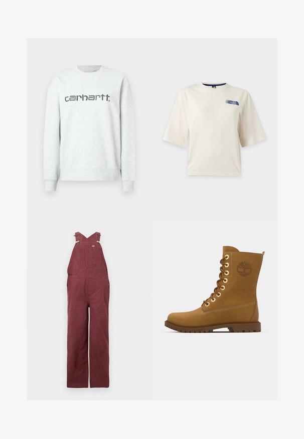 Lichtgrijze sweatshirt met ronde hals, ribgebreide manchetten en zoom. Bevat het "carhartt." logo in donkergrijs gedrukt over de voorkant.; Wit T-shirt met korte mouwen met een klein blauw The North Face-logo op de bovenste linkerborst.; Bordeaux overalls van katoen, met kruisbande straps, vo pockets en metalen hardware accenten. Soepele textuur en een relaxte pasvorm.; Bruine leren veterschoen met gouden oogjes, gevoerde kraag, textuurzool en reliëflogo-detail aan de zijkant.