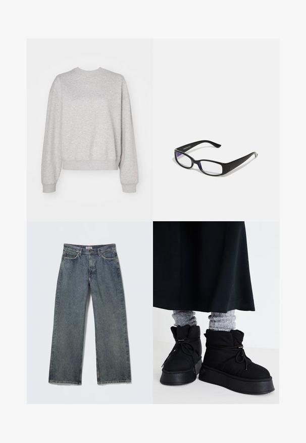 Lichtgrijze sweatshirt met een klassieke ronde hals, verlaagde schouders en ribgebreide manchetten en zoom. Zachte textuur en een ontspannen pasvorm.; Blauwe denim wijde pijp jeans met een hoge taille, ontwerp met vijf zakken en subtiele slijtage op de stof. Merklabel zichtbaar op de tailleband.; Zwarte puffy enkelboots met platte zolen, veters en opvallende stiksels. Gecombineerd met grijze geribde sokken die eruit steken, gedragen met een donkere rok.; Zwarte rechthoekige bril met heldere glazen. Glanzende afwerking, smalle veren en paarse tint zichtbaar aan de randen van de glazen.