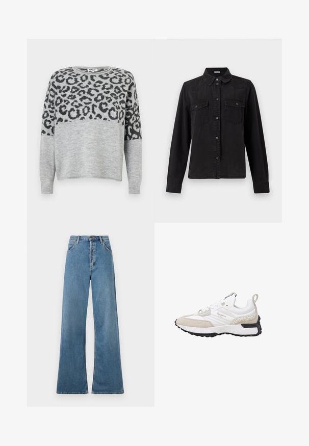 Grå sweater med leopardprintdesign i mørkegrå. Har rund halsudskæring og lange ærmer, lavet af et blødt, struktureret materiale.; Sort denim skjorte med knapper og lange ærmer, to brystlommer med klap og en klassisk krave på en hvid baggrund.; Lyseblå vid bukser med høj talje, der har forlommer og lynlås, vist mod en hvid baggrund.; Hvid og beige sneaker med ruskind og mesh-materialer, teksturerede detaljer, en rundet tå og en gummisål. Har logo på siden.
