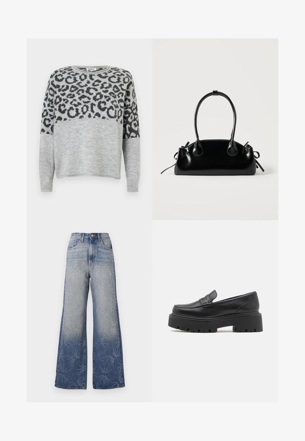 Grå sweater med leopardprintdesign i mørkegrå. Har rund halsudskæring og lange ærmer, lavet af et blødt, struktureret materiale.; Store bukser i lyseblå denim med sølvfarvede stjernemønstre. Høj talje med knaplukning og klassisk fem-lomme-design.; Sorte læder loafers med en lav, grov gummi sål, syede detaljer på overdelen og en glat overflade.; Lille sort blank håndtaske med to lange håndtag og snøre-detaljer i siden på en ensfarvet lys baggrund.