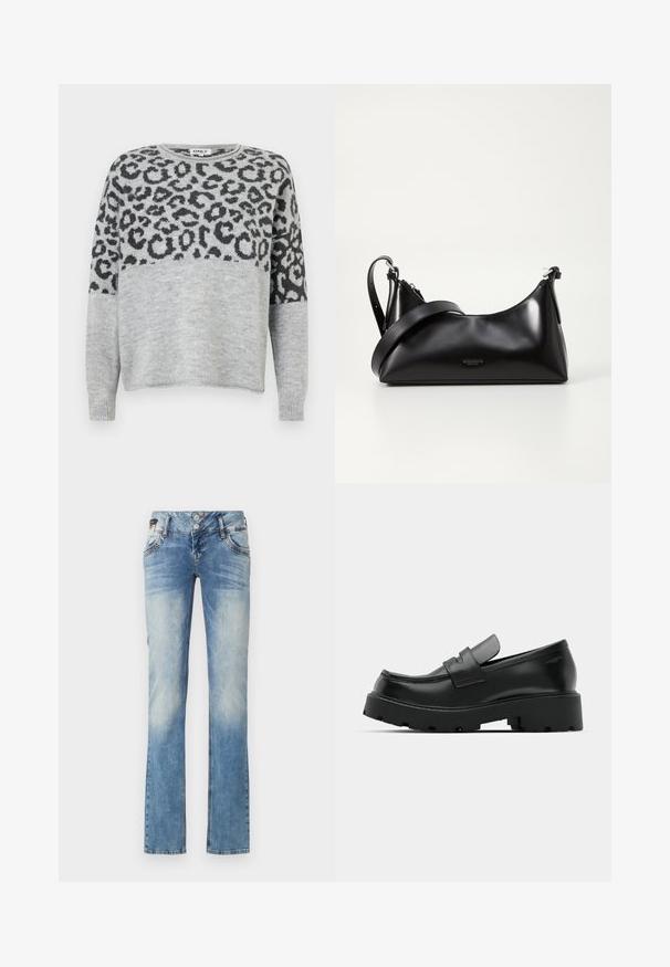 Grau gestreifter Pullover mit einem Leopardenmuster in Dunkelgrau. Verfügt über einen runden Halsausschnitt und lange Ärmel, aus einem weichen, strukturierten Material gefertigt.; Helleblaue Denim-Jeans mit geradem Bein, ausgestattet mit einem Fünf-Knopf-Verschluss, Fronttaschen und dezenten Ausbleichungen.; Schwarze Leder-Loafers mit einer chunky strukturierten Sohle, ausgestattet mit einem Riemen über dem Spann und einer glatten, polierten Oberfläche.; Schwarze lederne Handtasche mit glatter Textur. Verfügt über einen verstellbaren Riemen und ein elegantes, minimalistisches Design mit einem Reißverschluss.