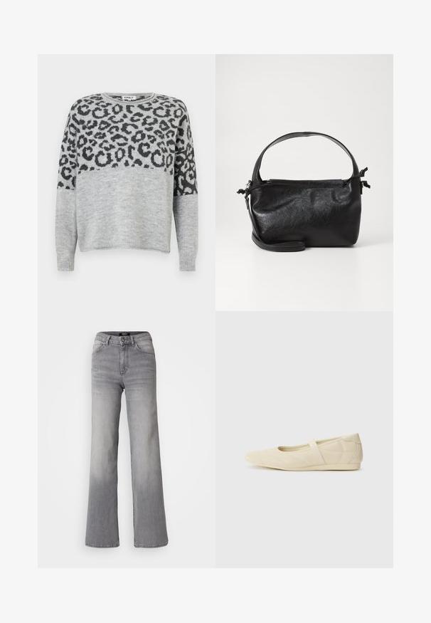 Grau gestreifter Pullover mit einem Leopardenmuster in Dunkelgrau. Verfügt über einen runden Halsausschnitt und lange Ärmel, aus einem weichen, strukturierten Material gefertigt.; Hochtaillierte graue Denim-Jeans mit geradem Bein, Frontknopf und Reißverschluss, Vorder- und Gesäßtaschen sowie ausgewaschenen Schattierungen an Oberschenkeln und Waden.; Beige Ballerinas aus glattem Leder mit mandelförmiger Zehenpartie und elastischem Riemen über dem Fußrücken, ausgestattet mit dezenten Nähtelementen.; Schwarze Lederhandtasche mit strukturiertem Design, rundem Haltegriff und abnehmbarem Schulterriemen. Sie weist eine glatte Oberfläche und einen subtilen Glanz auf.