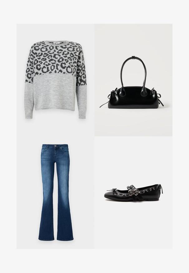 Gray sweater with a leopard print design in dark gray. Features a round neckline and long sleeves, constructed from a soft, textured material.; ONLY Tall Flared fit ONLTIGER Low waist Wide Leg - Flared Jeans - dark blue denim; Black flat ballet shoe with double buckle straps, silver eyelets, and a small bow near the rounded toe on a white background.; Small black glossy handbag with two long handles and side drawstring details on a plain light background.