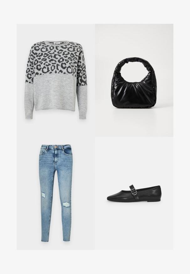 Pull en gris avec un motif léopard en gris foncé. Il a un col rond et des manches longues, confectionné dans un matériau doux et texturé.; Jeans en denim bleu skinny avec un délavage clair, dotés d'une taille haute, de poches avant visibles, et d'un tissu déchiré avec deux déchirures au niveau des genoux.; Chaussure plate en cuir noir avec un bout arrondi, une seule sangle réglable à boucle et une texture lisse et brillante. Design minimaliste avec un petit talon.; Sac à main noir rembourré avec une poignée arrondie, présentant une surface lisse et brillante ainsi qu'une texture douce et matelassée. Pas de quincaillerie ou d'accents visibles.