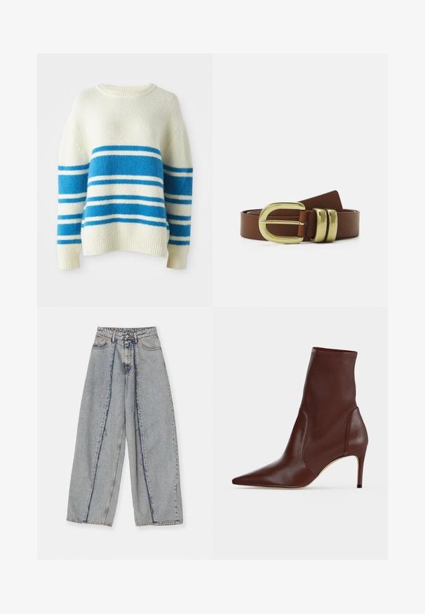 Kuscheliger gestrickter Pullover in Off-White mit breiten blau-weißen Streifen. Mit Rundhalsausschnitt und gerippten Bündchen und Saum. Weicher Stoff.; Hellblaue weitgeschnittene Jeans mit fransigen Kanten, hoher Taille und kontrastierenden Nähten. Hergestellt aus Denim, zeigt sie eine lockere Passform und minimale Abnutzung.; Dunkelbrauner Lederstiefelette mit spitzer Spitze und schlankem hohen Absatz vor einem schlichten hellen Hintergrund.; Brauner Ledergürtel mit einer goldfarbenen Doppel-Dornschließe und zwei dekorativen Bändern. Glatte Textur, schlichtes Design.