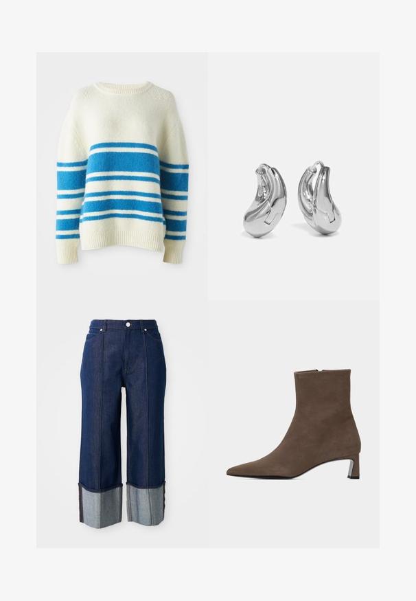 Chunky gebreide trui in gebroken wit met brede blauw en witte strepen. Heeft een ronde halslijn en geribbelde manchet- en zoomafwerkingen. Zacht materiaal.; Donkerblauwe wijde jeans met opgerolde pijpen die lichter denim tonen, met een knoop aan de voorkant en zakken, op een witte achtergrond.; Bruine suède enkellaars met spits toelopende neus, zijrits en lage blokhak op een effen lichte achtergrond.; Zilveren oorringen met een gebogen, glanzende afwerking en een naadloos ontwerp. Voorzien van een scharnier slot voor veilige draagbaarheid.