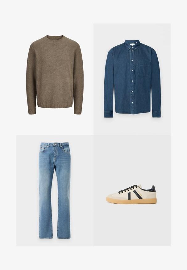 Jersey marrón de lana de manga larga con puños, dobladillo y cuello redondo acanalados.; Camisa de mezclilla azul oscuro con botones, mangas largas, un bolsillo delantero a la izquierda y cuello abotonado, mostrada sobre un fondo blanco.; Jeans de mezclilla de color azul claro con un corte recto, cinco bolsillos y un desgaste sutil. Presentan una cintura clásica y dobladillo recto en los tobillos.; Zapatillas casuales en crema con rayas negras, con parte superior texturizada y suela de goma. Los cordones son negros. Logo sutil en el costado.