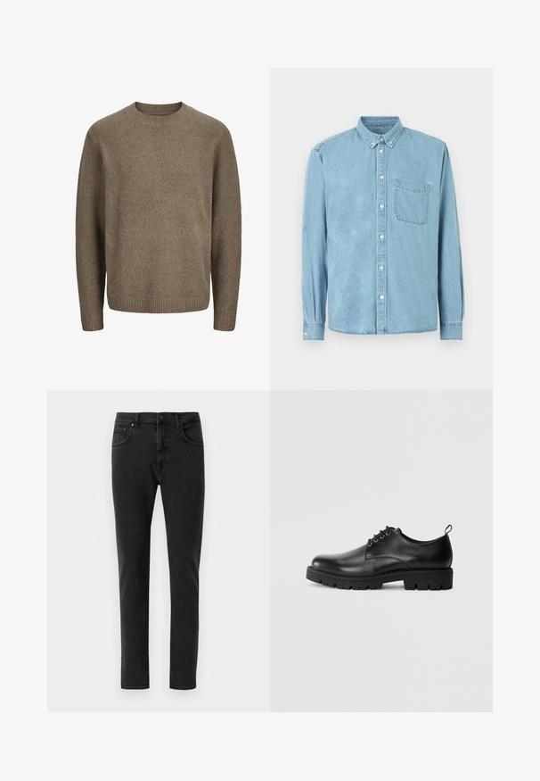 Brauner Wollpullover mit langen Ärmeln, gerippten Bündchen, Saum und Rundhalsausschnitt.; Hellblaues Denim-Langarmhemd mit Knopfkragen, Brusttasche vorne und weißen Knöpfen in der Mitte und an den Manschetten.; Schwarze Denim-Jeans mit schmaler Passform, klassischem Fünf-Taschen-Design und minimalen Nähten. Glatte Textur, normaler Bund.; Schwarze Lederschuhe mit runder Zehenform, ausgestattet mit einer Schnürung, robustem schwarzen Gummisohle und einer kleinen Fersenschlaufe auf der Rückseite.