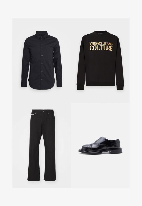 Čierna mikina s dlhým rukávom s rebrovanými manžetami a zlatým nápisom "VERSACE JEANS COUTURE" vytlačeným na hrudi.; Čierna košeľa s dlhým rukávom a gombíkmi vyrobená z hladkej tkaniny, s klasickým golierom, plnými rukávmi a malým logom na hrudi.; Čierne bavlnené nohavice s rovnými nohavicami, zakončené predným zapínaním na gombík, dvoma bočnými vreckami a malou značkovou nášivkou na páse.; Čierna leštená kožená brogue spoločenská obuv s perforáciou typu wingtip a stohovaným podpätkom, zobrazená z bočného profilu na bielom pozadí.