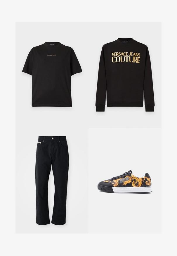 Zwarte sweatshirt met lange mouwen, geribbelde manchetten en gouden "VERSACE JEANS COUTURE" tekst op de borst gedrukt.; Zwart T-shirt met korte mouwen en ronde hals met het "MICHAEL KORS"-logo gecentreerd in kleine gouden letters op de borst.; Zwarte katoenen broek met een recht model, vijf zakken, zilverkleurige hardware en een subtiel gestructureerd oppervlak.; Zwarte lage sneaker met witte zool, versierd met gouden barokke patronen en het "Versace Jeans Couture"-logo aan de zijkant.