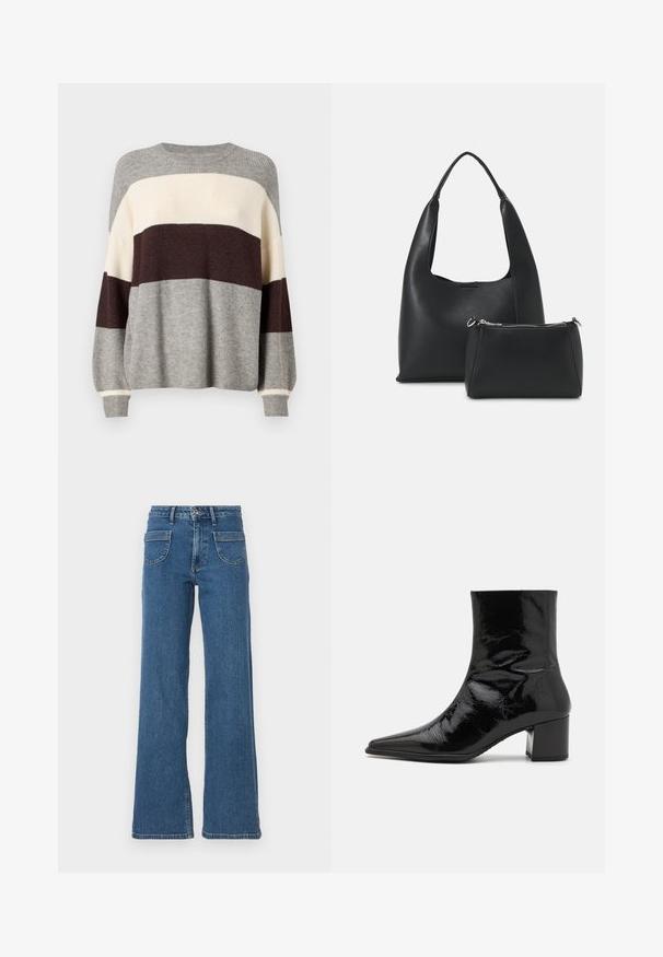 Gebreide trui in grijze, crèmekleurige en bordeaux gestreepte uitvoering. Heeft een ribbelstructuur, ronde hals en lange mouwen met manchet details.; Blauwe denim wijde jeans met een hoge taille, vijf zakken, sluiting met een knop aan de voorkant en een licht vervaagde afwerking. Gestikte zomen en naden zijn zichtbaar.; Zwarte gepatineerde leren enkelboot met een spitse neus, gestructureerde bovenkant en een chunky hak. Beschikt over een gladde, glanzende textuur.; Even&Odd by Zalando Handtas - black