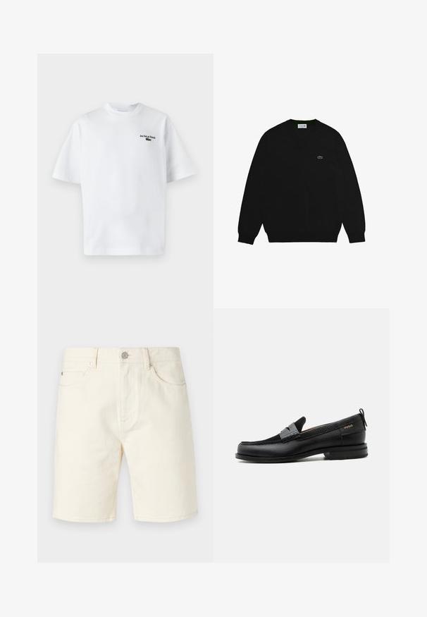 Zwart v-hals trui gemaakt van gebreide stof. Heeft lange mouwen en een groen Lacoste-logo geborduurd op de borst.; Witte katoen t-shirt met korte mouwen, met de tekst "Jeu Set et Match" en een klein groen logo op de linkerkant van de borst. Klassieke pasvorm.; Lichtbeige denim shorts met een klassieke snit, voorzien van vo pockets, riemlussen en een knoopsluiting. Glad textuur met een effen kleur.; Zwarte leren loafer met grijs riemdetailelement, lage hak en gestructureerde zool, aan de zijkant gebrandmerkt met "HUGO" in goud.