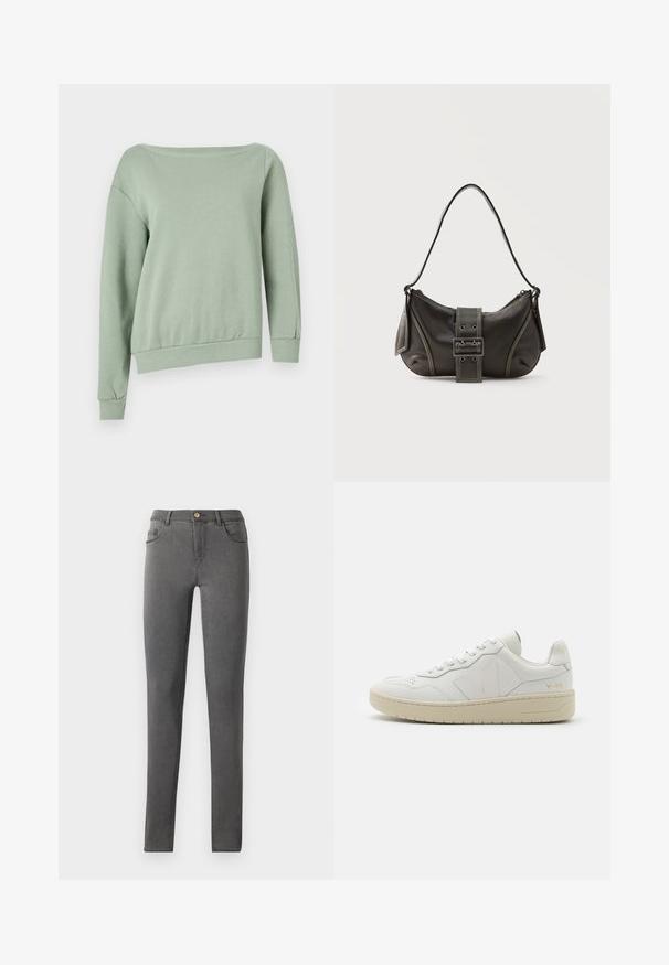 Lichtgroene, off-the-shoulder sweatshirt. Gemaakt van zacht materiaal, het heeft lange mouwen en een ribgebreide zoom voor een ontspannen pasvorm. Geen patronen of accenten.; Grijze denim skinny jeans met een nauwsluitend ontwerp, vijf zakken en een enkele metalen knoopsluiting bij de taille.; Witte leren sneakers met geperforeerde teendoos, contrasterende beige rubberen zool en logo-accenten op de zijkant en hiel. Minimalistisch ontwerp.; Zwarte leren schoudertas met gespsluiting aan de riem, afgeronde hoeken en contrasterende witte stiksels op een effen achtergrond.