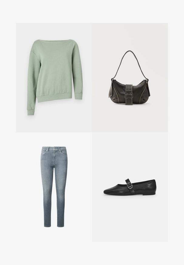 Hellgrüner, schulterfreier Sweatshirt. Aus weichem Stoff gefertigt, hat es lange Ärmel und einen gerippten Saum für eine bequeme Passform. Keine Muster oder Akzente.; Schlanke Jeans aus weichem, hellblauem Denim. Hat fünf Taschen, einen Reißverschluss und Gürtelschlaufen, mit einer glatten Textur und minimaler Verwaschung.; Schwarzer Lederflatschuh mit runder Zehenform, einem verstellbaren Schnallenriemen und einer glatten, glänzenden Oberfläche. Minimalistisches Design mit einem niedrigen Absatz.; Schwarze Leder-Schultertasche mit Schnallengurt-Detail, abgerundeten Kanten und kontrastierenden weißen Nähten auf schlichtem Hintergrund.
