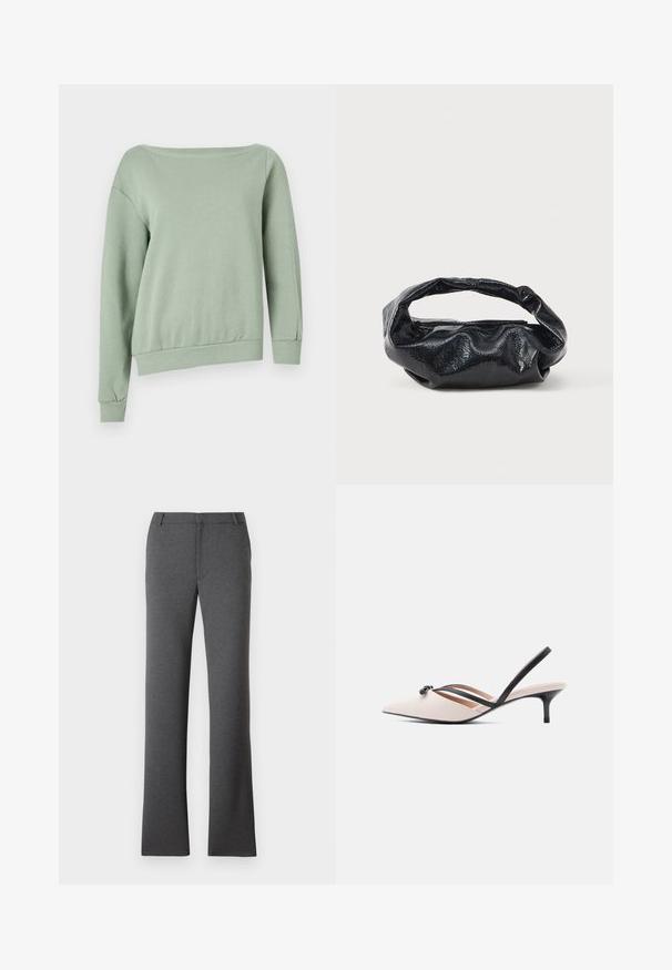 Lys grøn, off-shoulder sweatshirt. Lavet af blødt stof, den har lange ærmer og en ribbet kant for et afslappet fit. Ingen mønstre eller accenter.; Grå bukser med en lige ben-design. Fremstillet af et struktureret stof, med flad front og bæltesløjfer. Ingen synlige mønstre eller hårdvarer.; Beige slingback-hæl med spids tå, sorte remme og en sløjfedetalje; har en slank, sort stilet-hæl og en glat læderoverflade.; Sort taske lavet af blankt, tekstureret materiale med et cirkulært, snoet håndtag og lynlås. Har et blødt, rynket design.