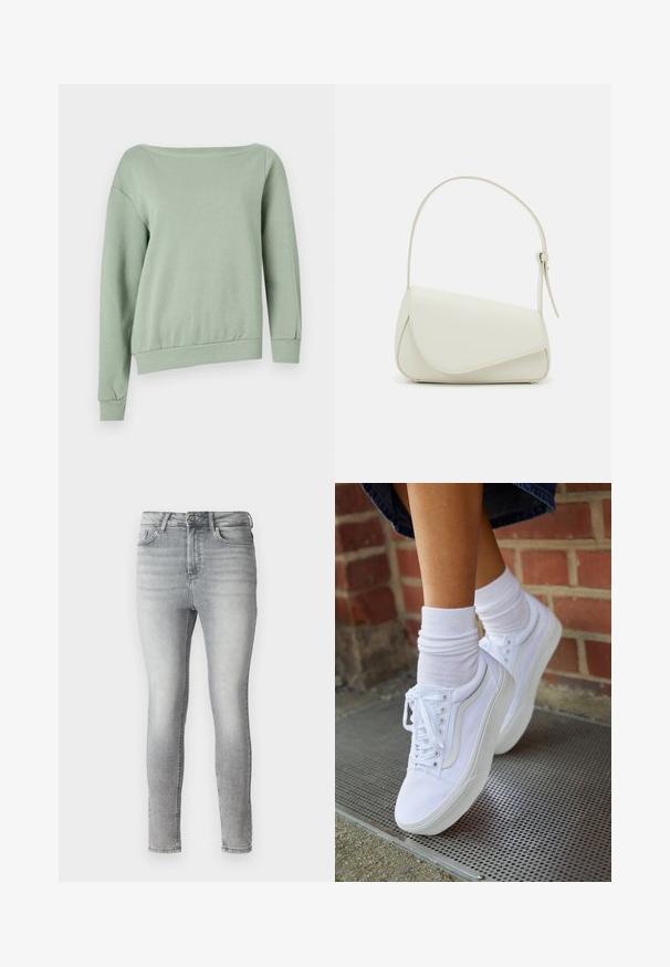 Lichtgroene, off-the-shoulder sweatshirt. Gemaakt van zacht materiaal, het heeft lange mouwen en een ribgebreide zoom voor een ontspannen pasvorm. Geen patronen of accenten.; Grijze denim skinny jeans met een gladde textuur, vijf zakken en een knoop- en ritssluiting aan de taille. Vervaagde afwerking overal.; Witte canvas sneakers met rubberen zolen, voorzien van zes vetertjes, een ronde neus en lichte stikdetails, gecombineerd met witte enkelsokken.; Witte nepleren handtas met een gestructureerde driehoekige vorm, een enkele verstelbare schouderriem en een klep met ronde accenten.