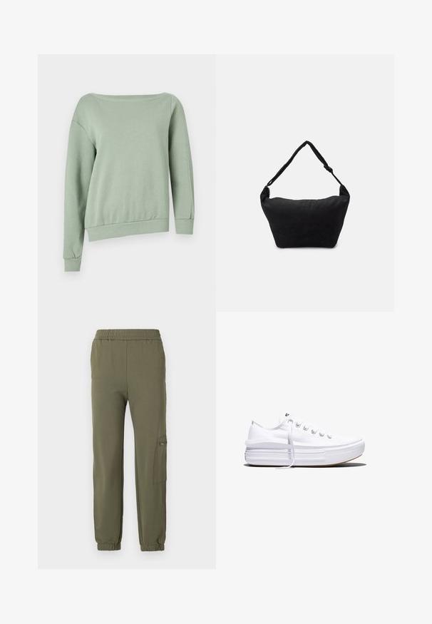Lys grøn, off-shoulder sweatshirt. Lavet af blødt stof, den har lange ærmer og en ribbet kant for et afslappet fit. Ingen mønstre eller accenter.; Oliven grønne joggerbukser med elastisk talje, indsnævret nederdel og en sidelomme med lynlåsdetalje. Blødt, strækbart stof.; Hvid lavt snørestøvle med tyk plateau-sål, snørelukning foran og gummiforstærket tåkap, set i sideprofil.; Sort stof skuldertaske med en blød tekstureret overflade, rund form og en enkelt rem. Minimalistisk design uden synligt hardware eller accenter.
