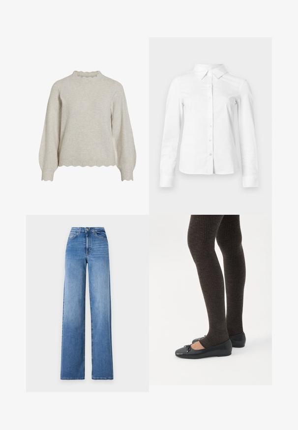 Lichtbeige trui met een geribbelde, geschulpte halslijn en zoom. Beschikt over lange, ballonvormige mouwen en een zachte, textuurstof.; Witte blouse met lange mouwen en knopen, met puntige kraag, rechte zoom en aansluitende silhouet, weergegeven op een effen lichte achtergrond.; Lichtblauwe wijd uitlopende spijkerbroek van denim, met een hoge taille, voorkruiszakken en een standaard knoopsluiting. Gladde textuur.; Benen met donkere geribbelde leggings gecombineerd met zwarte ballerina's met kleine strikdetails op een witte achtergrond.