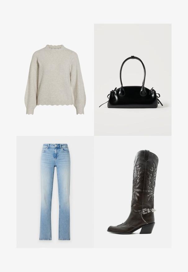 Lys beige sweater med en ribbet scalloped halsudskæring og kant. Har lange, ballonagtige ærmer og et blødt, struktureret stof.; Lyseblå denimjeans med høj talje, lige ben og subtilt slid. Har fem lommer og bæltestropper.; Sort læder cowboystøvle med dekorative udskæringer, sølvspænde og skrå hæl, vist på hvid baggrund.; Lille sort blank håndtaske med to lange håndtag og snøre-detaljer i siden på en ensfarvet lys baggrund.