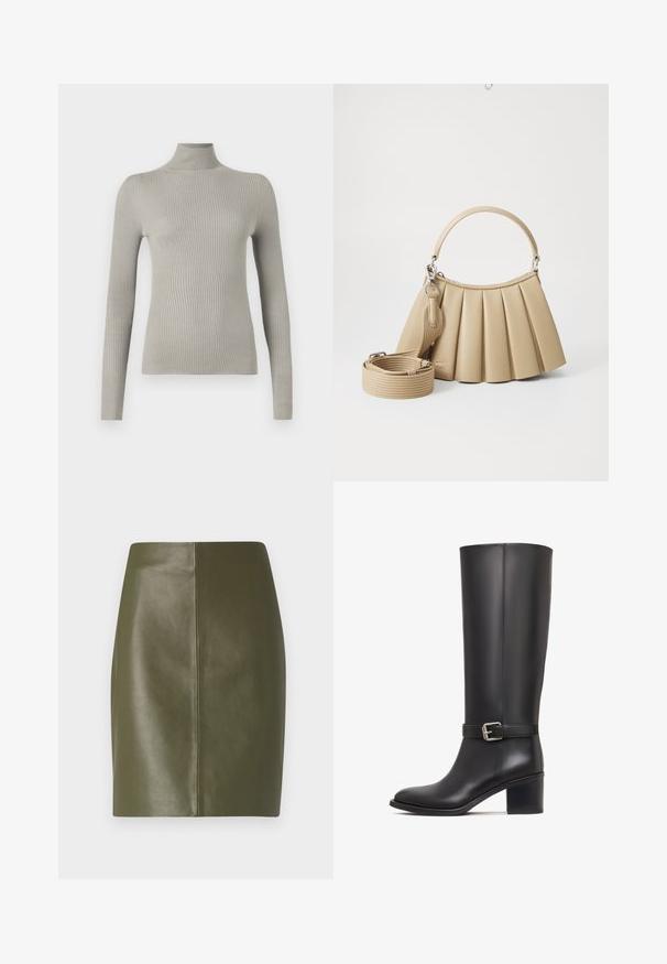 Lys grå, ribbet turtleneck sweater med lange ærmer. Blød tekstur, tætsiddende design, med høj hals og sømløs finish.; Olivenfarvet læderskort nederdel med en glat tekstur, der har et enkelt design og en central søm, der løber ned ad ryggen.; Sorte læderstøvler op til knæet med rund tå, med en sidebøjlerem og en blokhæl. Glat tekstur og minimalistisk design.; Lacoste LENGLEN BAG - Håndtasker - viennois