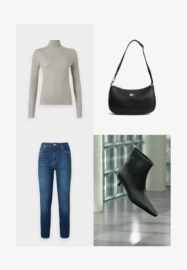 Pull à col roulé côtelé gris clair avec des manches longues. Texture douce, design ajusté, doté d'un col haut et d'une finition sans couture.; Jeans en denim bleu foncé avec une taille haute, des jambes fuselées et une fermeture à bouton. Présente une décoloration subtile et sans motifs ni embellissements visibles.; Bottine en cuir noir à bout pointu et petit talon kitten, présentée en angle devant un sol poli et un mur en blocs de verre.; Sac à épaule noir avec sangle ajustable et petite plaque logo Tommy Jeans au centre avant.