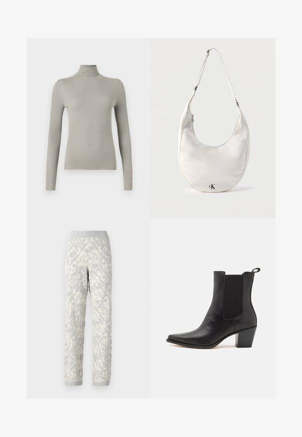 Lys grå, ribbet turtleneck sweater med lange ærmer. Blød tekstur, tætsiddende design, med høj hals og sømløs finish.; Strukturerede loungbukser i elfenben med grå mønstre, der har et blødt stof, elastisk talje og ribbede manchetter.; Dolce Vita SHADIE - Støvletter - black; Hvid skuldertaske i halvmåneform med justerbar rem og sort "cK"-logo nær bunden i midten på ensfarvet baggrund.