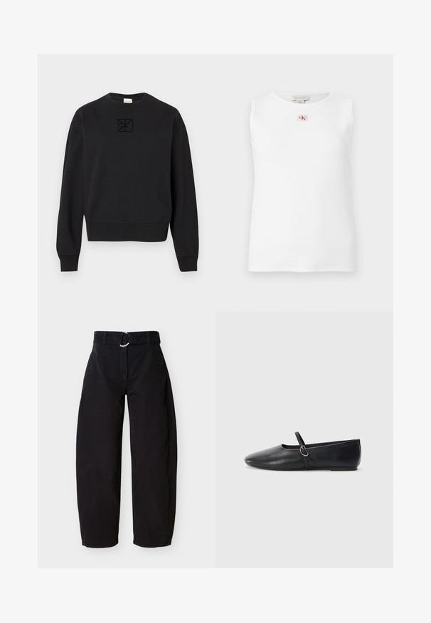 Sweatshirt noir en coton, avec un col rond, des manches longues, des poignets côtelés et un logo carré texturé sur la poitrine.; Débardeur blanc sans manches en maille côtelée avec un petit logo Calvin Klein rouge et noir centré juste en dessous de l'encolure.; Pantalon large noir en coton, doté d'une ceinture à boucle avec anneau métallique et poches latérales. Texture lisse au design minimaliste.; Ballerines noires en cuir avec un bout pointu, une semelle plate et une petite sangle avec un détail de boucle en argent.