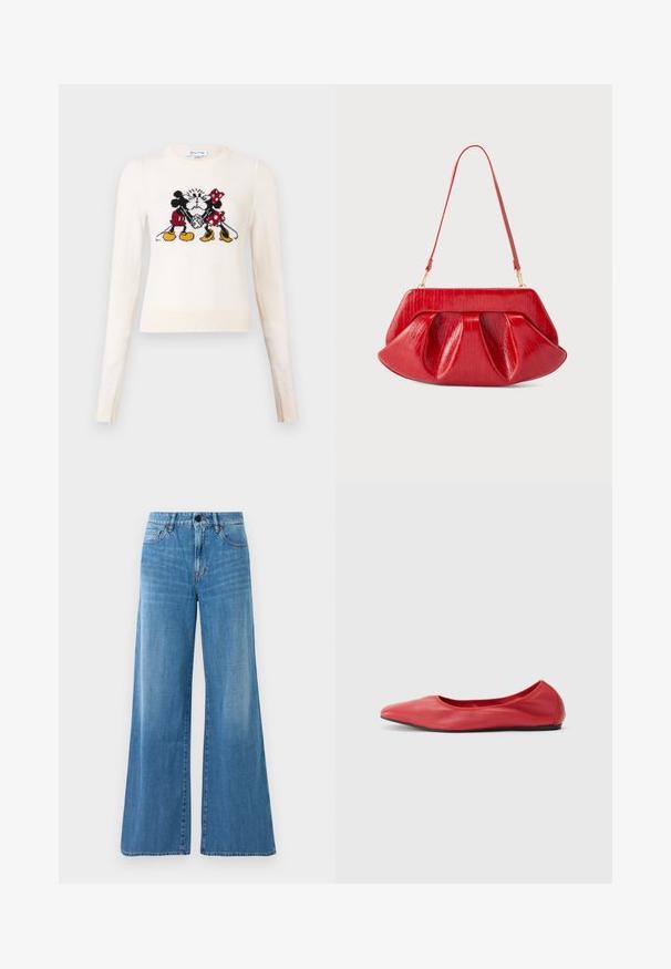 Cremefarvet, langærmet sweater med strikket motiv af Mickey og Minnie Mouse, der kysser midt på fronten.; Blå højtaljede denim jeans med bred benudskæring, frontknap, lynlåslukning og for- samt baglommer.; Filippa K REY FLATS - Ballerinasko - bright red; Rød skuldertaske i læder med en struktureret ramme, plisseret krop og tynd justerbar rem mod en ensfarvet baggrund.