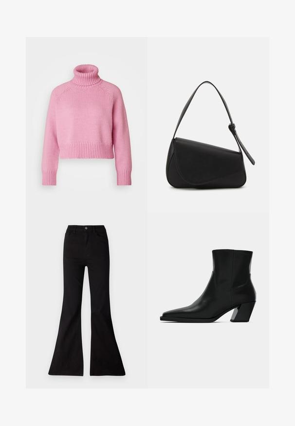 Vero Moda Petite VMMIRANDA - Strickpullover - fuchsia pink; Schwarze weite Jeans aus Denim, mit hoher Taille, Fronttaschen und einer großen Öffnung am Hosenbund für eineweite Beinform.; Schwarze Leder-Stiefelette mit spitzem Zeh, schlanker Silhouette und klobigem quadratischem Absatz. Glatte Textur mit minimalen Nähdetails.; Schwarze Lederhandtasche mit dreieckiger Form, schrägem Klappdeckel und rundem Oberhandgriff. Verfügt über eine glatte Textur und minimalistische Designdetails.