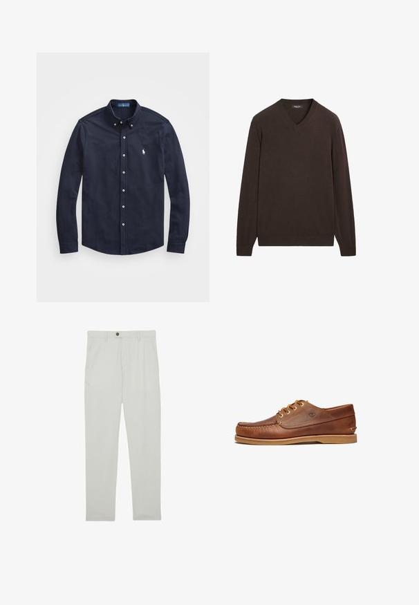 Mørkebrun langærmet V-udskæring sweater med ribbede manchetter og kant, lagt fladt på en hvid baggrund.; Marineblå langærmet button-up skjorte med krave, frontknapper og et lille hvidt logo på venstre bryst, lavet af blødt bomuldsstof.; Lyse beige herrebukser med bæltestropper, sidelommer, forreste knaplukning og lige benpasform.; Brun lædersko med en glat finish, rund tå og klassisk snørelukning. Lys brun sål og logodetalje på siden.