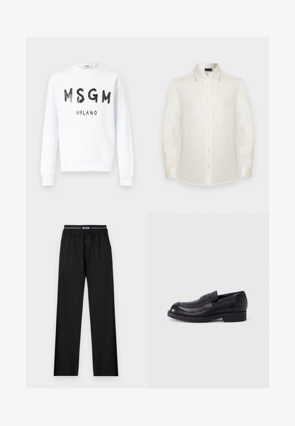 Sweat-shirt blanc à manches longues avec col rond, portant les inscriptions noires "MSGM" et "MILANO" en style coup de pinceau sur le devant.; Chemise blanche à manches longues avec boutons, col classique et petit logo sur la poitrine gauche.; Pantalons noirs à coupe décontractée, taille élastique, cordon de serrage ajustable et poches latérales. Fabriqués en tissu lisse sans motifs.; Mocassin en cuir noir avec petit talon et bride sur le dessus, logo embossé sur la bride, présenté de profil sur fond blanc.