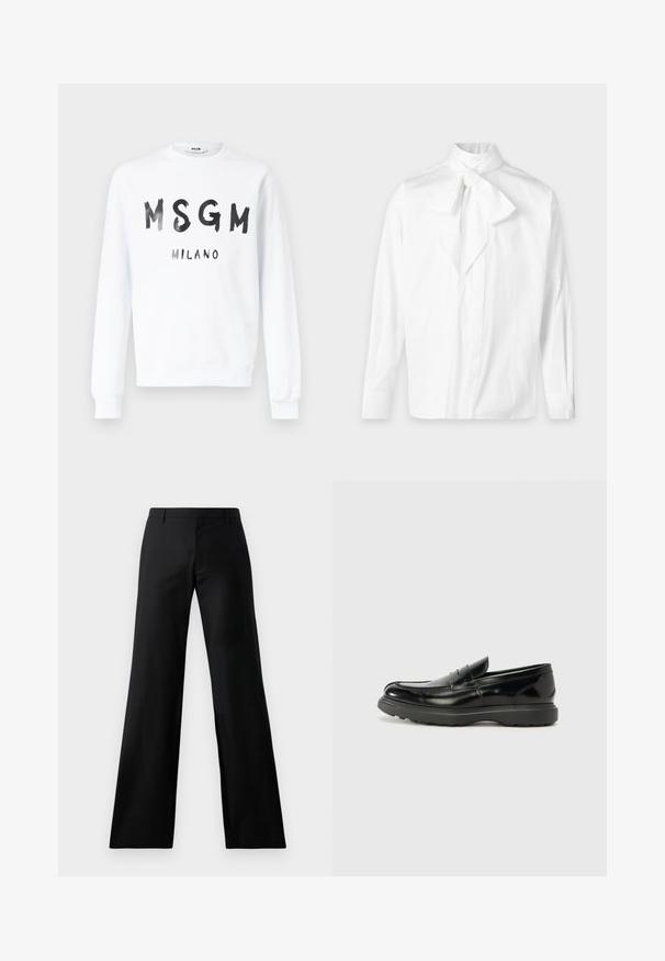 Sudadera blanca de manga larga con cuello redondo y texto negro "MSGM" y "MILANO" en estilo de pincelada en la parte delantera.; Blusa blanca de manga larga con cuello de lazo atado y puños abotonados sobre un fondo liso.; Pantalones de pierna ancha negros, confeccionados en una tela suave. Presentan una cinturilla de altura media y pliegues en la parte frontal, que ofrecen una silueta entallada.; Mocasín de cuero negro con un acabado brillante, punta redondeada, detalles de costura sutiles y una suela de goma gruesa para mayor durabilidad.