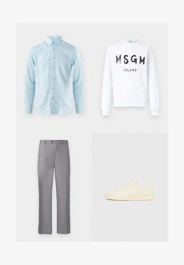 Hvid langærmet crewneck-sweatshirt med sort tekst "MSGM" og "MILANO" i penselstrøg-stil på forsiden.; Lyseblå langærmet skjorte lavet af struktureret stof, med klassisk krave, frontknapper og en enkelt brystlomme.; Grå skræddersyede bukser med bælte-løkker, frontknap og lynlås, med lige ben.; Sneaker i cremefarve med en glat læderoverdel, rundet tå, snørelukning foran og en tekstureret gummisål. Minimalistisk design uden logoer.