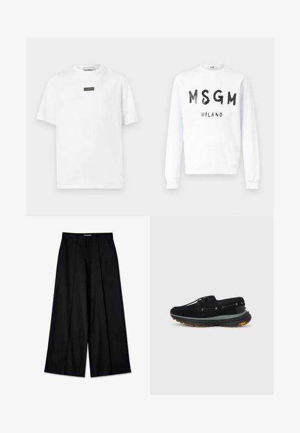 Sweat-shirt blanc à manches longues avec col rond, portant les inscriptions noires "MSGM" et "MILANO" en style coup de pinceau sur le devant.; T-shirt en coton blanc avec un col rond, des manches courtes et un patch logo rectangulaire noir sur la poitrine. Design simple et minimaliste.; Pantalons larges noirs en tissu lisse, avec un devant plissé, deux poches latérales et un logo en relief sur la ceinture.; Chaussure en suède noir avec une semelle intermédiaire grise rembourrée et une semelle extérieure en caoutchouc. Caractéristiques œillets en argent et lacets contrastants pour un maintien sécurisé.