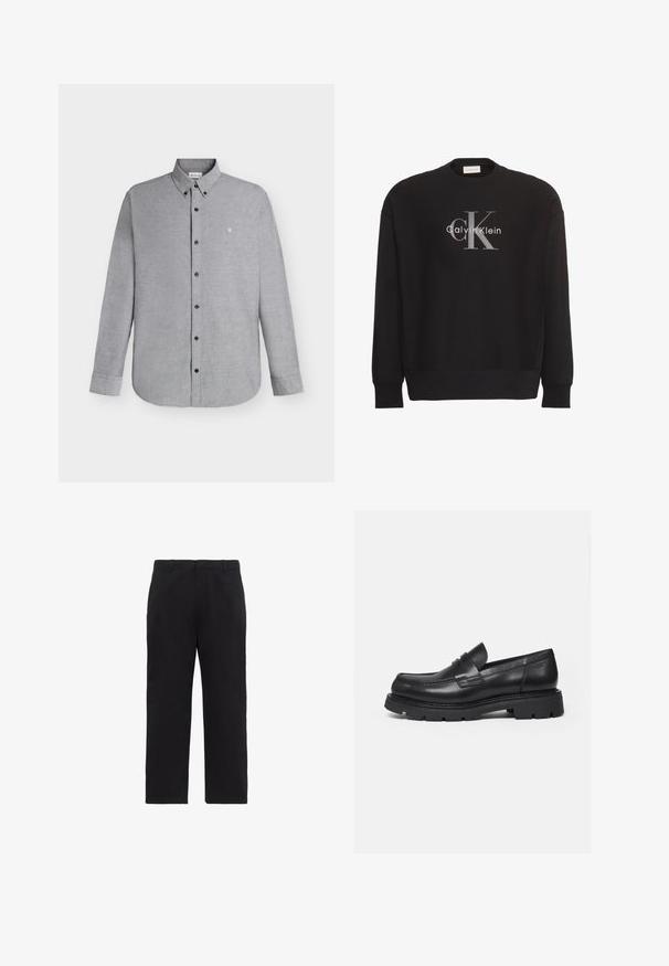 Čierna mikina s dlhým rukávom s veľkým sivým textovým logom "cK" a bielym "Calvin Klein" v strede na prednej strane.; Svetlosivá košeľa s dlhým rukávom na gombíky s golierom na gombíky a malým vyšívaným logom "cK" na ľavej strane hrudníka.; Čierne nohavice s rovným strihom, s pútkami na opasok, predným zipsom a bočnými vreckami, zobrazené na bielom pozadí.; Čierny kožený mokasín s hrubou rebrovanou podrážkou a detailom popruhu na mincu, zobrazený pravý bočný profil na bielom pozadí.