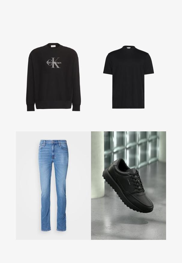 Čierna mikina s dlhým rukávom s veľkým sivým textovým logom "cK" a bielym "Calvin Klein" v strede na prednej strane.; Čierne tričko s krátkym, vysokým golierom. Vyrobené z mäkkej látky, má krátke rukávy a voľný strih bez výrazných vzorov alebo ozdôb.; Pánske modré denimové džínsy so strihom na rovno, prednými a zadnými vreckami a malou značkou Calvin Klein pri prednom pravom vrecku.; Čierna kožená teniska Calvin Klein s šnúrkami, drsnou podrážkou, vznášajúca sa nad leštenou betónovou podlahou s pozadím zo sklenených blokov.