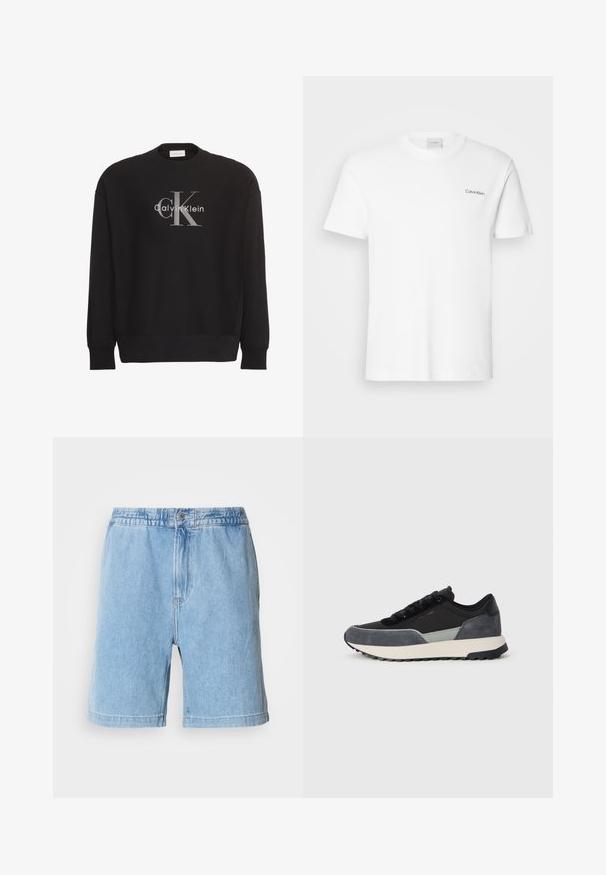 Sort sweatshirt med lange ærmer med stor grå tekstlogo "cK" og hvidt tekstlogo "Calvin Klein" centreret på forsiden.; Hvid bomulds T-shirt med korte ærmer og rund halsudskæring. Har et lille sort "Calvin Klein" logo på venstre bryst.; Lys blå denimshorts med elastisk talje, knaplukning foran, sidelommer og lige skæring. Længde til midt på låret.; Sko med snørebånd i en blanding af sort stof, grå ruskindsdetaljer og en kraftig hvid mellemsål med sort gummisåler.