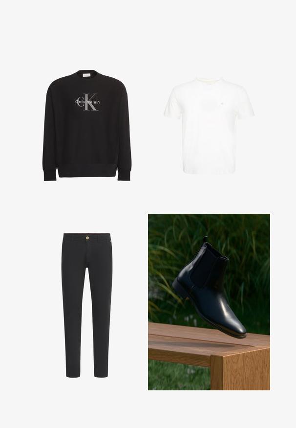 Sort sweatshirt med lange ærmer med stor grå tekstlogo "cK" og hvidt tekstlogo "Calvin Klein" centreret på forsiden.; Hvid T-shirt med korte ærmer og rund hals med lille broderet "ck" logo på venstre bryst.; Sorte chinos lavet af blanding af bomuld, med et slim fit design, knaplukning, bæltestropper og sidelommer. Glat tekstur hele vejen igennem.; Sort læder Chelsea-støvle svævende over en træbænk med græs og planter i baggrunden.