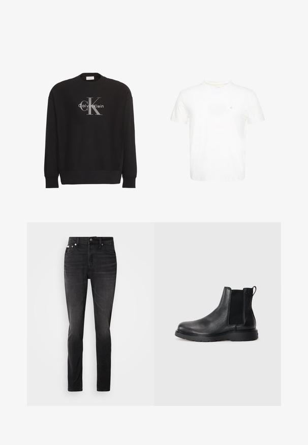 Schwarzer Langarm-Sweatshirt mit großem grauem "cK"-Textlogo und weißem "Calvin Klein"-Textlogo, mittig vorne platziert.; Weißes T-Shirt mit kurzen Ärmeln und Rundhalsausschnitt mit kleinem gesticktem "ck" Logo auf der linken Brust.; Schwarze Jeans aus Denim mit schmaler Passform, fünf Taschen und Knopfverschluss. Mit einem subtilen Verblassen und Nähakzenten an den Taschen.; Schwarze Leder-Chelsea-Boots mit strukturiertem Finish, elastischen seitlichen Einsätzen und einer robusten Gummisohle. Dezentes Branding an der Ferse.