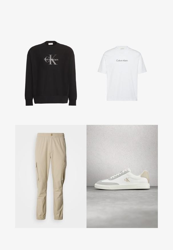 Sort sweatshirt med lange ærmer med stor grå tekstlogo "cK" og hvidt tekstlogo "Calvin Klein" centreret på forsiden.; Hvid bomuld t-shirt med korte ærmer. Har rund halsudskæring og et trykt "Calvin Klein" logo i gråt hen over brystet.; Lysebrune cargo bukser med elastisk talje, knaplukning, side lommer og elastiske manchetter ved anklerne, lavet af letvægtsstof.; Hvid Calvin Klein-sneaker med beige ruskindsdetaljer og logo, svævende over en glat grå gulv med glasblokvæg i baggrunden.