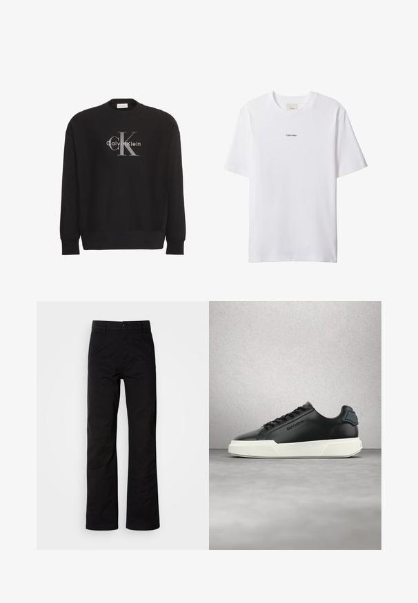 Sweat-shirt noir à manches longues avec grand logo texte gris "cK" et blanc "Calvin Klein" centré sur le devant.; T-shirt blanc en coton avec un col rond et des manches courtes. Présente un petit logo noir "Calvin Klein" centré sur la poitrine.; Pantalons en coton noir avec une coupe droite, dotés d'une fermeture à bouton et de passants de ceinture. Texture lisse et style minimaliste sans motifs visibles.; Baskets en cuir noir avec semelle blanche, lacets noirs et logo embossé, flottant au-dessus d'un sol gris avec un mur en verre.