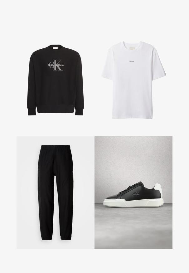 Μαύρο φούτερ με μακριά μανίκια με μεγάλο γκρι κείμενο λογότυπο "cK" και λευκό κείμενο λογότυπο "Calvin Klein" στο κέντρο μπροστά.; Λευκό βαμβακερό μπλουζάκι με στρογγυλή λαιμόκοψη και κοντά μανίκια. Διαθέτει μικρό μαύρο λογότυπο "Calvin Klein" στο κέντρο του στήθους.; Μαύρα φόρμας με ελαστική μέση, στενές καμπάνες και μανσέτες. Απαλή υφή υφάσματος. Λογότυπο στο πλάι.; Μαύρο δερμάτινο αθλητικό παπούτσι με στρογγυλεμένη μύτη, λευκή ελαστική σόλα και μαύρα κορδόνια. Διαθέτει λογότυπο στο πλάι και αντίθετη λευκή λεπτομέρεια στη φτέρνα.