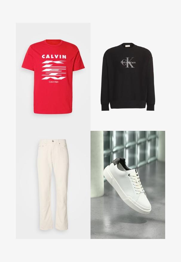 Sudadera negra de manga larga con gran logo de texto gris "cK" y blanco "Calvin Klein" centrado en el frente.; Camiseta de algodón roja con el texto en blanco "CALVIN KLEIN" en negrita y un diseño de rayas diagonales. Mangas cortas y cuello redondo.; Jeans de algodón color beige con un diseño clásico de pierna recta, que cuentan con un cierre frontal de botón, cinco bolsillos y detalles de costura sutiles.; Zapatilla blanca de perfil bajo con lengüeta del talón texturizada en negro, cordones blancos y suela gruesa sobre un suelo de cemento pulido cerca de bloques de vidrio.