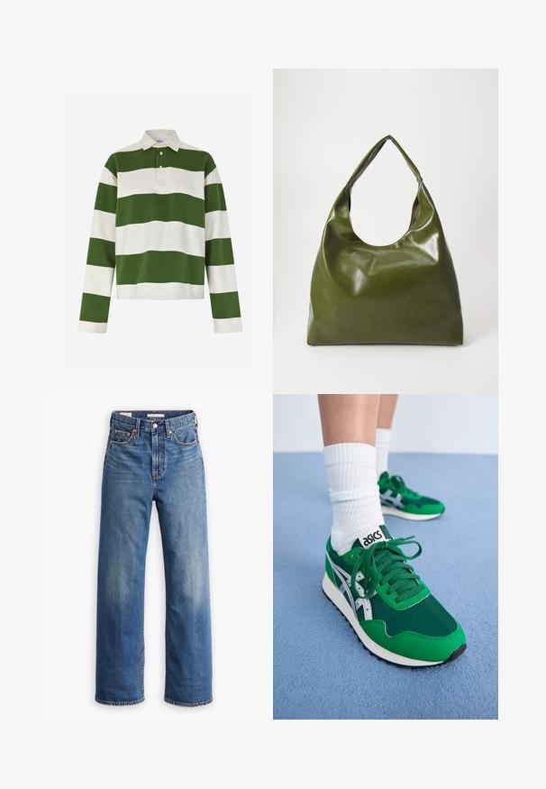 Langarm-Rugbyshirt mit breiten horizontalen grünen und weißen Streifen, mit weißem Kragen und zwei Knöpfen unter dem Ausschnitt.; Hellblaue Jeans aus Denim mit hoher Taille, weitem Bein, klassischem Fünf-Taschen-Design und subtilen Verwaschungen im Stoff.; Grüne Netz- und synthetische Sneaker mit weißen Akzenten und schwarzer Gummisohle. Ausgestattet mit Schnürsenkeln, gepolstertem Kragen und ASICS-Logo auf der Zunge.; Grüne Leder-Hobo-Tasche mit einem lässigen Design, gebogenem Griff und glatter Textur. Enthält keine sichtbaren Beschläge oder Akzente.